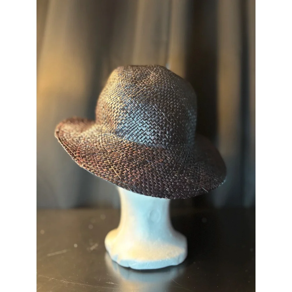 Black paper  Woven Straw Sun Hat Round Crown Summer Beach Wide Brim Fedora Style